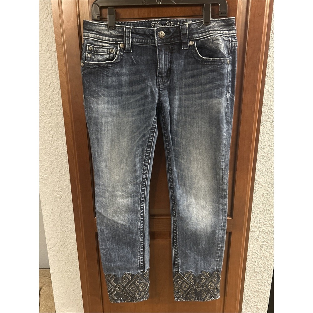 Miss Me Size 30 Signature Sequin Cuffed Ankle Skinny Light Blue Denim Jeans